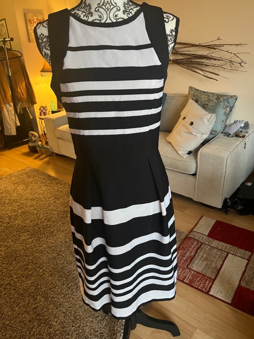 White House Black Market Black & White Striped Midi Dress